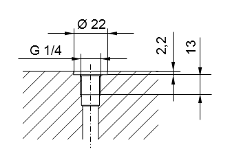 Pipe thread ISO 228 Part 1 - G1/4 for screw-in studs according to DIN 3852 Part 2, Form A (with sealing ring according to DIN 3869) or Form B (with sealing edge)