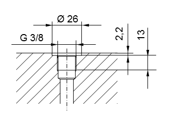 Diagram of pipe thread ISO 228 Part 1 - G3/8 for screw-in studs according to DIN 3852 Part 2, Form A (with sealing ring according to DIN 3869) or Form B (with sealing edge)