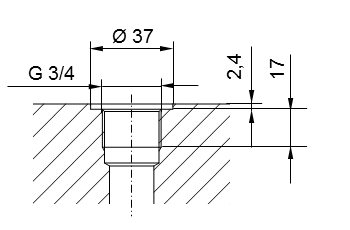 Diagram of pipe thread ISO 228 Part 1 - G3/4 for screw-in studs according to DIN 3852 Part 2, Form A (with sealing ring according to DIN 3869) or Form B (with sealing edge)