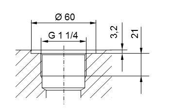 Diagram of pipe thread ISO 228 Part 1 - G1 1/4 for screw-in studs according to DIN 3852 Part 2, Form A (with sealing ring according to DIN 3869) or Form B (with sealing edge)