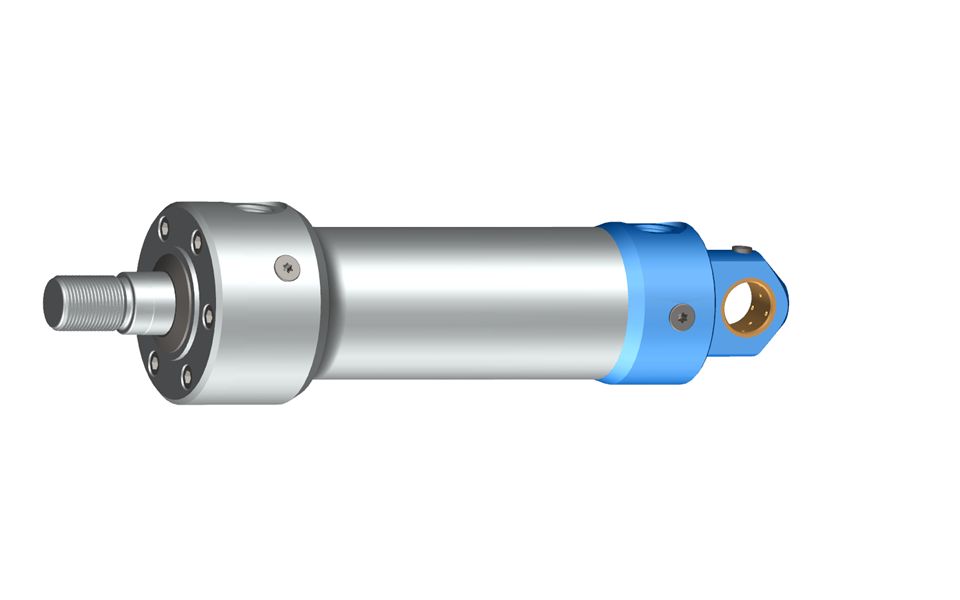 This is a cylinder mounting with one degree of freedom, which enables pivoting installation. A maintenance-required plain eye made of non-ferrous metal is incorporated in the pivoting eye.