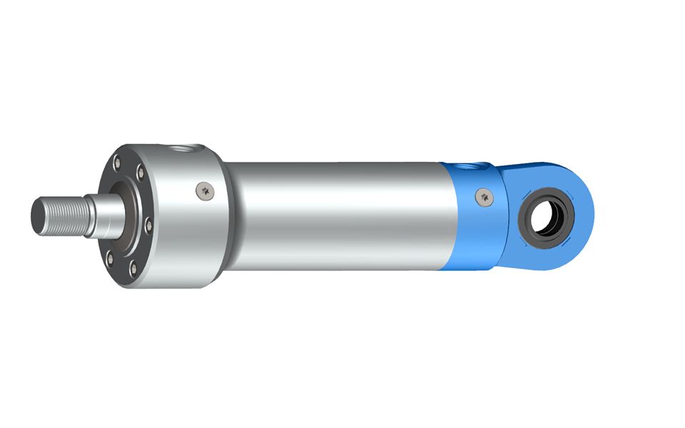 The hinge eye attached to the cylinder body can be used as cylinder mounting. The cylinder force is thereby applied centrally to the mounting, so that no side loads arise.